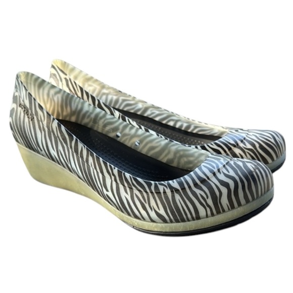 Crocs Carlisa Mini Wedge slip on zebra print black off white size 9 - Picture 1 of 15
